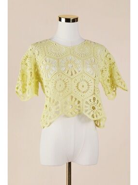 Sz M Rebellion 100% Cotton Lemon Lime Crochet Boho Short Sleeve Top EUC